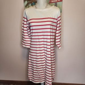L.L. Bean NWOT cotton t shirt midi dress coral cream stripe M